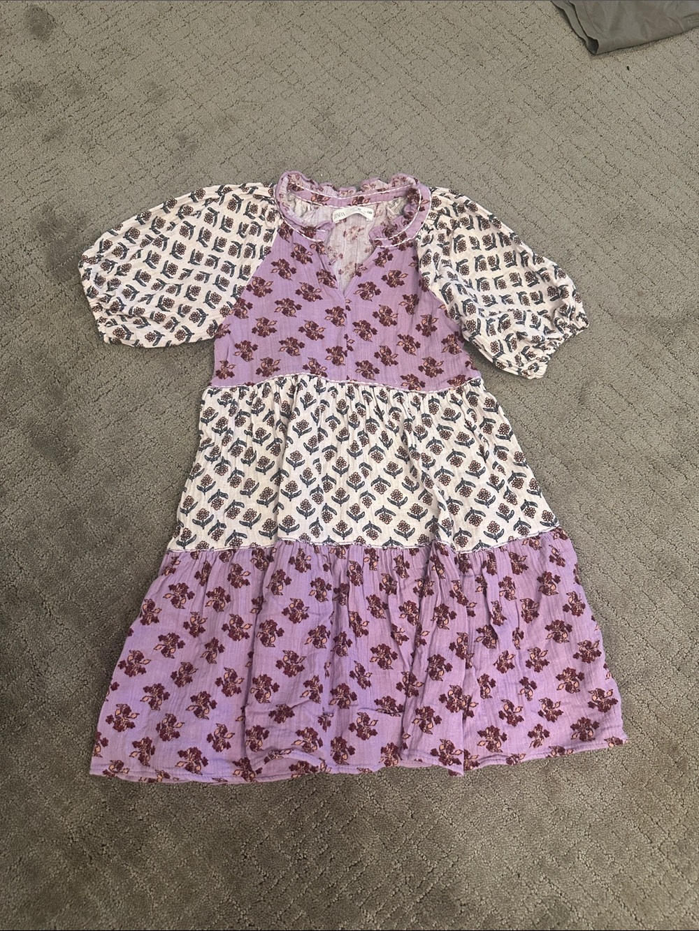 Zara Lavender and White Mixed Print Tiered Dress